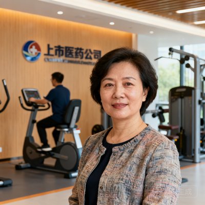 某上市医药公司工会主席赵红梅女士的半身照，她身穿休闲商务装，站在公司活动中心前，背景中可见员工正在使用健身器材。